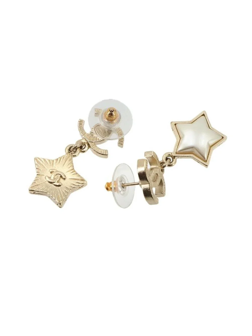 Chanel CC Logo Star Swing Earrings Faux Pearl Gold White